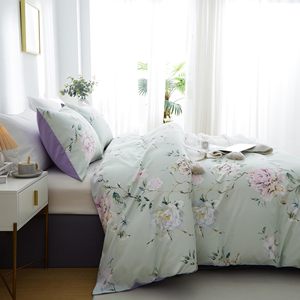 Sarung Duvet bunga hijau dan ungu Sage berpori <span class=keywords><strong>3</strong></span> buah Set seprai serat mikro tenun polos cetak lembut dengan 2 sarung bantal - Product Image 3