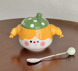 Taza de Cerámica con Diseño de Niña de Dibujos Animados, Bonito Diseño de Trenza, con Tapa y Cuchara, Apilable para el Desayuno en Pareja, Disponible al por Mayor - Product Image 3