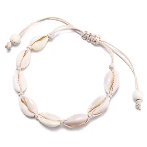 2024 Summer Natural Shell Beige Rope Adjustable Ankle Bracelet Handmade Boho Hawaiian Beach Shell Anklets for Girls