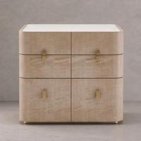 Commode OAKEN moderne à 6 tiroirs, en placage de bois clair, avec quincaillerie en laiton et plateau en marbre