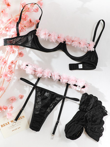 Hot Selling Internet Celebrity Women's Sexy Exposed Chest <b>Perspective</b> Flower Style Lingerie Bra Four Piece Set - Product Image 6