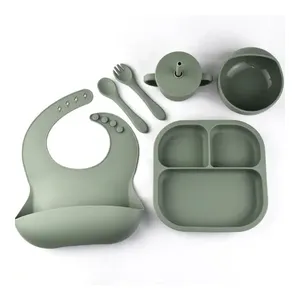 Factory BPA Free Kids Tableware Silicone Bowl Suction Plate Led Weaning Baby Eating Set Silicone Feeding Set