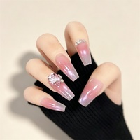 Ongles à presser personnalisés de luxe rose ombré, lot de 10 pièces, forme cercueil effilée mi-longue, ongles à presser rose diamant, vente en gros OEM
