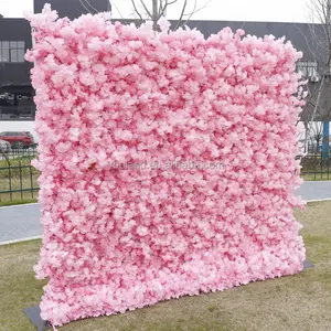 S0570 High Quality Wedding Birthday Home Decor Artificial Flowers Silk Cherry Blossom Pink Backdrop Panel Roll Up Flower Wall