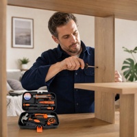 Ensemble d'outils de réparation domestique DIY en acier à haute teneur en carbone durable, 9 pièces, poignée en caoutchouc antidérapante, ruban à mesurer de 3 mètres, étui rigide, garantie 3 ans