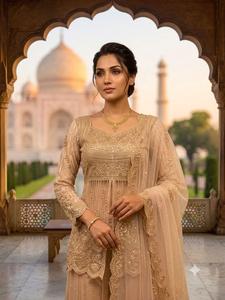 Hermoso y elegante conjunto tradicional indio de salwar kameez con bordados y lentejuelas, top, pantalón palazzo y dupatta para bodas y fiestas. - Product Image 4