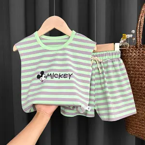 baju baby 2pcs infants Suppliers-2021 Strip Cartoon Design Sleeveless Vest Cotton Tank Top Drawstring Toodler Clothing Baju Nordic Baby New Boy Short Sets Infant