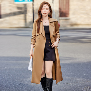 Khaki Mid Length Trench Coat Women Autumn 2024 Solid Color Polyester Woven <b>Overcoat</b> Elegant British Style - Product Image 1