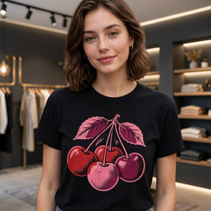 Camiseta sin Mangas para Mujer, Cuello Redondo, Color Negro, Estampado Gráfico Retro de Cerezas Rosas, Informal, Transpirable, 100% Algodón, para Verano - Product Image 1