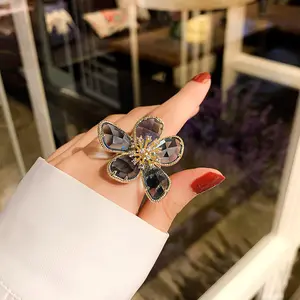 Cincin bunga zirkon berlapis emas mawar, cincin berlian kristal dapat disesuaikan berkilau gaya Korea, cincin jari terbuka manis