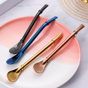 304 Stainless Steel Filter Straw Spoon Double Ring Reusable <b>Tea</b> <b>Infuser</b> For Milk <b>Tea</b> Coffee Juice Stirring Spoon - Product Image 2