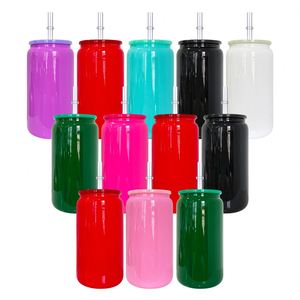Vaso de Vidrio Reciclable de 16 oz para Cerveza o Refresco, Color Sólido Brillante, con Tapas de Plástico PP para Envolturas UV DTF, Listo para Enviar desde Almacén en EE. UU. - Product Image 1