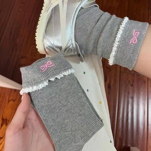 Women Ankle Socks Gray With Pink Bow <b>Lace</b> Trim Breathable Cotton Sweat Absorbing For Youth - Product Image 1