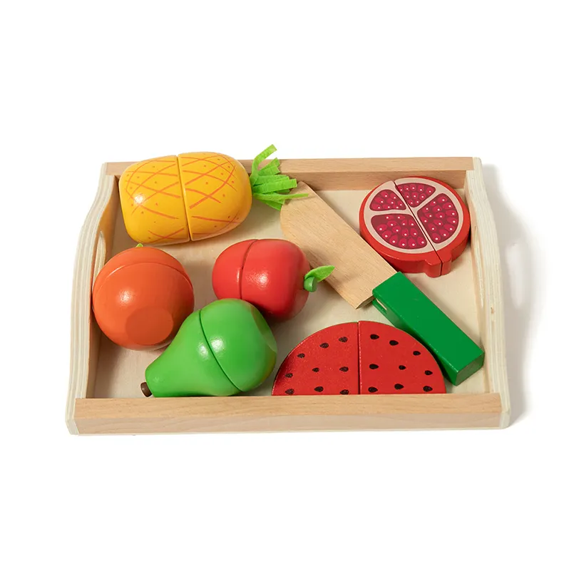 Children educational wooden pretend play colored fruit cutting toys with knife