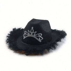 Chapeaux de cowgirl style western en promotion pour femmes et filles, chapeau de fête à bordure en plumes, chapeaux de cowboy roses avec couronne - Product Image 3