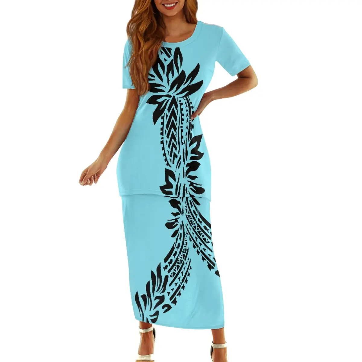 Großhandel in Bulk Puletasi Kleidung Polynesische Palme Designer Mode Damen kleid Pacific Island Zweiteiliges Kleid Custom