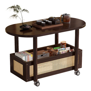 Mesa <span class=keywords><strong>de</strong></span> Centro Ovalada Móvil con Almacenamiento <span class=keywords><strong>de</strong></span> Ratán, Mesa Auxiliar Rodante <span class=keywords><strong>de</strong></span> Bambú para Sala <span class=keywords><strong>de</strong></span> Estar, Dormitorio, Oficina, Barra <span class=keywords><strong>de</strong></span> Té, Balcón, Patio - Product Image 2
