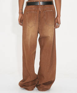 جينز قطني غير رسمي مخصص مغسول ساق واسعة مستقيمة مقاس كبير بنطلون بني مصنع بيع بالجملة دينم فضفاض بحافة سيلفيدج للرجال - Product Image 3