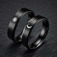 Cincin Baja Tahan Karat Celestial Sun Moon Star dengan Tepi Dipoles, Pita Hitam, Lambang Perak, Unisex, Klasik, Gotik, Minimalis, Hadiah
