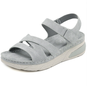 Sandales décontractées d'été pour <span class=keywords><strong>femme</strong></span> à plateforme compensée, bout ouvert, avec logo personnalisé, sangle en X, en daim texturé mixte, fermeture Velcro, couleur beige, motif géométrique - Product Image 2