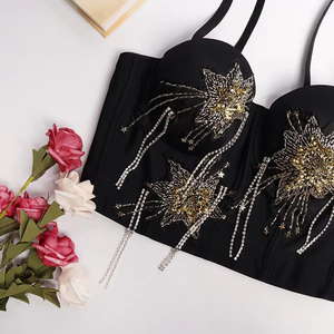 Women's Breathable <b>Sexy</b> Lace Short <b>Crop</b> Tank <b>Tops</b> with Beaded Tassel Detail Anti-shrink-Custom OEM Service - Product Image 3