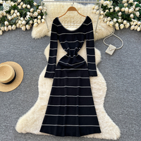 Robe décontractée élégante pour femmes, à manches longues, col en U, rayée, en tricot, coupe évasée, pour tous les jours, vêtements pour femmes, robe élégante pour femmes