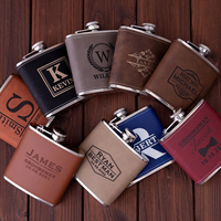 Gourde isotherme en métal de 6 oz avec logo personnalisé, enveloppée de cuir, étanche, pour hommes, poches de veste de camping, pour whisky et spiritueux