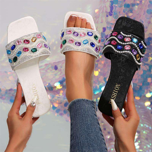 Women's 2026 Summer New <b>Style</b> Cross-Border Plus Size Colorful Diamond Flat Sandals Slippers Sweet Square <b>Head</b> Slippers Strap - Product Image 1