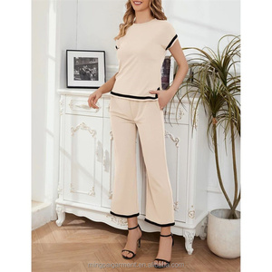 Completo coordinato estivo 2026 da donna: maglia <span class=keywords><strong>beige</strong></span> con bordo a contrasto e <span class=keywords><strong>pantaloni</strong></span> a maniche corte, set casual 2 pezzi - Product Image 5