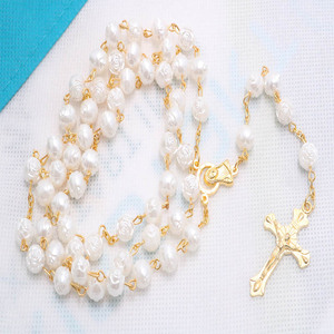 <span class=keywords><strong>Rosario</strong></span> cattolico 8mm perle di Rose d'<span class=keywords><strong>oro</strong></span> incrociate fatte a mano ad ago ricurvo <span class=keywords><strong>collana</strong></span> religiosa chiesa regalo di Pasqua - Product Image 1