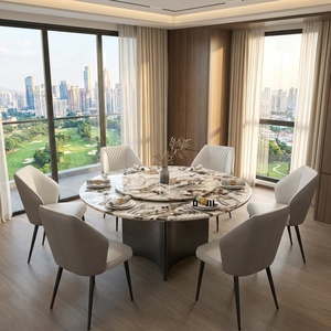 Tavolo da Pranzo Rotondo in Marmo Naturale Fantasy Brown con Lazy Susan Silenziosa Integrata, Base Scultorea Opaca Scura, OEM per Hotel e Ristoranti - Product Image 1