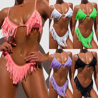 Ensemble de bikini sexy à franges avec logo personnalisé, faible MOQ, OEM, maillot de bain deux pièces à pompons, rose fluo, vêtements de plage pour femmes