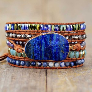Natural Lapis Lazuli Leather Wrap <b>Bracelet</b> Multi Layer Beaded Women's Jewelry Gift <b>Boho</b> Style Handmade Fashion <b>Bracelet</b> - Product Image 1