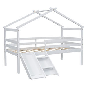 White Twin Low Loft House <strong>Bed</strong> <strong>with</strong> <strong>Slide</strong>, Ladder &amp; Safety Guardrails Kids Playhouse <strong>Bed</strong> <strong>with</strong> Roof Frame - Product Image 5
