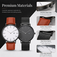 Luxuriöse Minimalistische Runde Quarz-Armbanduhr Edelstahl Schlankes Leder-Mesh-Armband Mineralglas Wasserdicht Taucheruhr