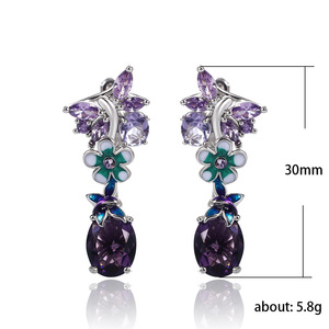 Orecchini viola a forma di farfalla con fiore ovale per donna, eleganti gioielli alla moda - Product Image 5