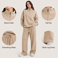 Conjunto de dos piezas para mujer: Sudadera de algodón polar color avena con cremallera de un cuarto y pantalón de chándal casual de cintura alta y pierna ancha.