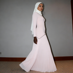 Robes musulmanes élégantes pour femmes, tendance, <span class=keywords><strong>rose</strong></span> clair, avec chaîne en strass, <span class=keywords><strong>jupe</strong></span> plissée, col haut, manches longues, ajustée, longueur au sol - Product Image 2