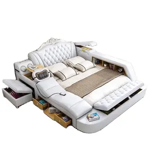 Lit en cuir au design moderne, meuble de chambre à coucher, cadre de lit multifonctionnel pour massage électrique, lit en cuir