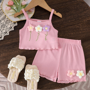 Conjunto de Ropa de Verano para Niñas de 2 a 7 Años, Chaleco con Estampado de Flores 3D y Pantalones Cortos, 2 Piezas, Ropa Infantil de Tela Suave - Product Image 1