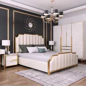 Lit Double King Size de Luxe avec Cadre en Bois, Ensembles de <span class=keywords><strong>Chambre</strong></span> à Coucher, Meubles pour <span class=keywords><strong>Chambre</strong></span> Parentale <span class=keywords><strong>Adulte</strong></span>, Lit <span class=keywords><strong>Moderne</strong></span> Rembourré en Cuir et Bois - Product Image 1