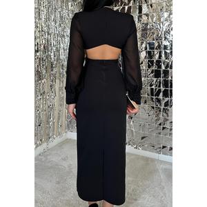 Robe de soirée élégante noire, coupe fourreau, avec manches en mousseline, dos nu, découpes et taille naturelle - Product Image 1