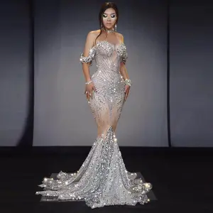 Popular New Arrival Bright Crystal Sequins Elegant Fishnet Dress Off Shoulder Wedding Dress Wedding Dresses For Brides