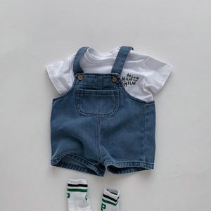 Nouveau unisexe Denim salopette Shorts léger été lettre chemise coupe ample réglable <span class=keywords><strong>Jean</strong></span> bretelles bébé vêtements ensembles - Product Image 1
