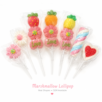 Sucettes en guimauve à marque privée avec motifs de fruits, de fleurs, de cœurs et de cordes torsadées, personnalisables et librement combinables