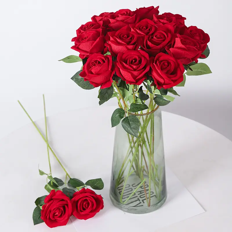 Long Stem Artificial Red Realistic Blossom Roses Single Faux Silk Flower Bouquets for Valentine's Day Wedding Party Decoration