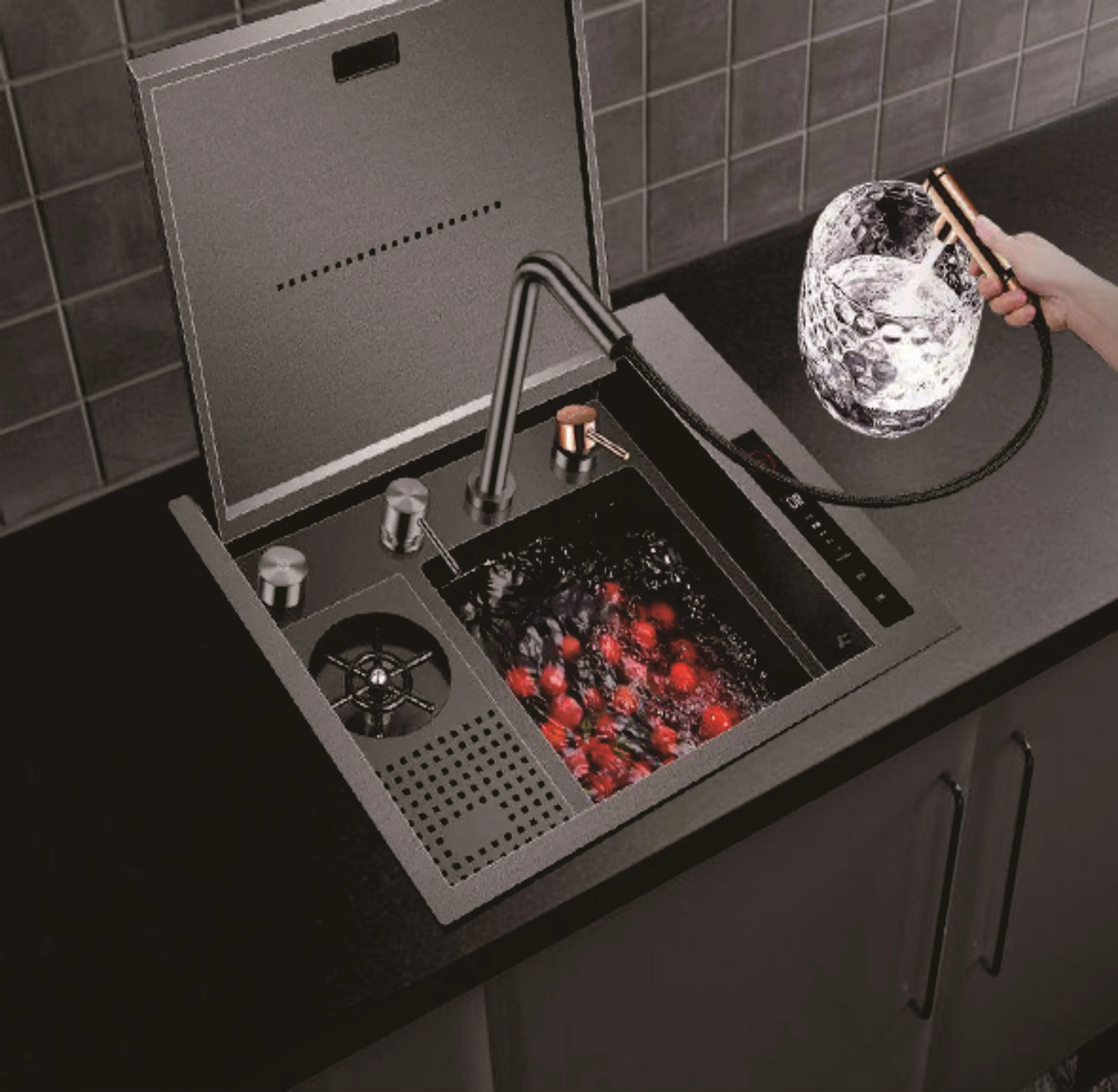 Yeni teknoloji modeli mutfak lavabo Nano siyah gizli hidro arıtma çok fonksiyonlu akıllı mutfak el yapımı lavabo paslanmaz çelik