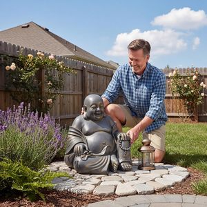 Statue de <span class=keywords><strong>Bouddha</strong></span> rieur en <span class=keywords><strong>fibre</strong></span> <span class=keywords><strong>d</strong></span>'<span class=keywords><strong>argile</strong></span> Cinnvoice 16x18 pouces, grande taille, pour extérieur, style rustique, moine zen, richesse, chance, <span class=keywords><strong>d</strong></span>écoration Feng Shui - Product Image 5