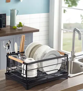 Кухонный стеллаж для посуды из нержавеющей стали с пластиковым лотком, сушилка для посуды для столешницы, черный дизайн сборки