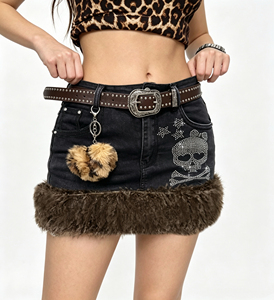 Women Black Denim Mini <strong>Skirt</strong> Rhinestone Skull Pattern Fuzzy <strong>Fur</strong> Hem Low Waist Y2K Grunge Jean Micro <strong>Skirt</strong> - Product Image 1